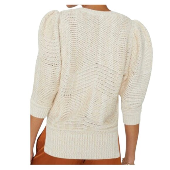 Brochu Walker "Arya Vee" Sweater Linen Cotton Puff Sleeve Cream Marle, S - Picture 2 of 4